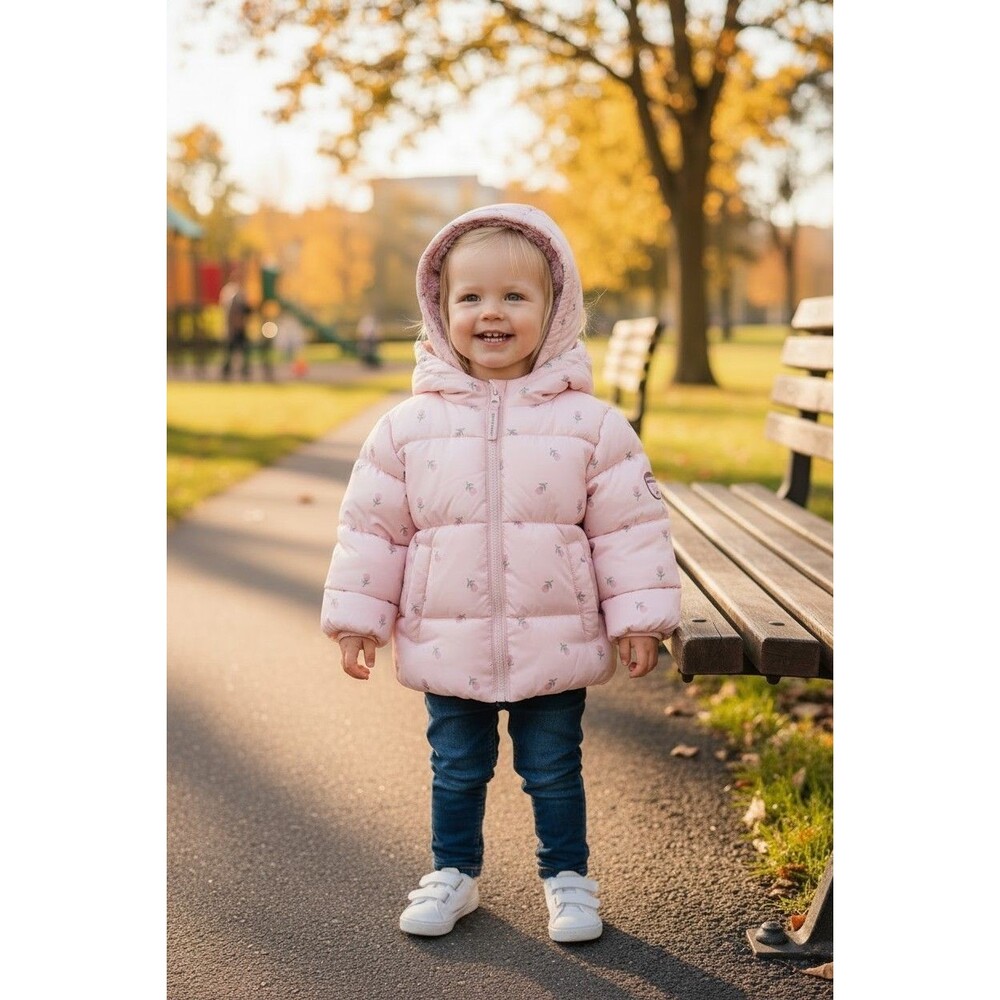 Bearpaw Size 12M Girls Puffer Jacket Pink Attached Hood Lined Furry Soft Inner